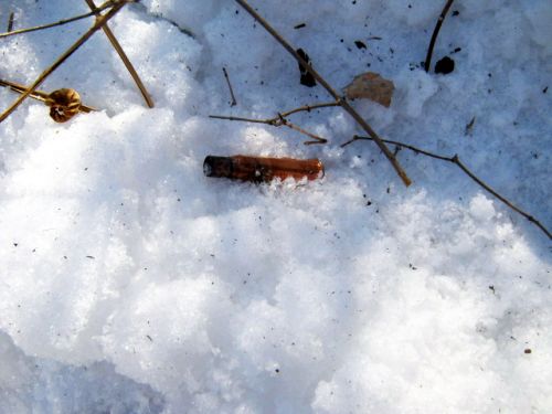 Гильза от огнестрельного оружия на месте происшествия.