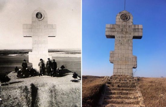 Поленовский крест вскоре после установки. На современном снимке отчетливо видно, что по верхней части креста и особенно по мозаичной иконе стреляли из автоматического оружия.