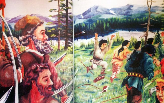 Первопроходец Иван Москвитин с казаками прогоняет эвенов.Рис. А. Овчинникова. /Нажмите, чтобы УВЕЛИЧИТЬ (нажмите, чтобы увеличить)