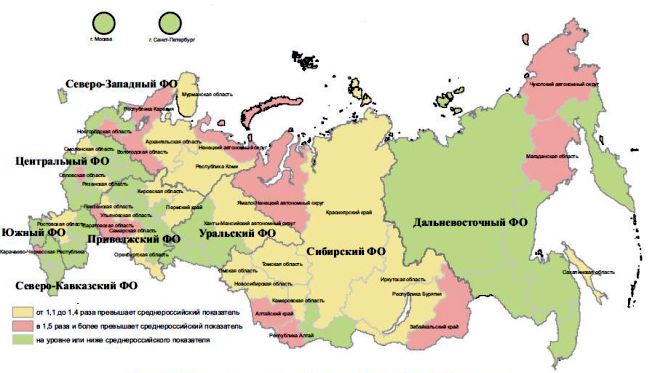 Распределение субъектов Российской Федерации по уровню заболеваемости ожирением всего населения