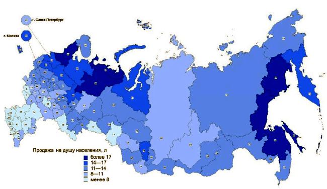 Распределение субъектов Российской Федерации по продаже водки и ликероводочных изделий, виноградных и плодово-ягодных вин на душу населения, л (в абсолютном алкоголе)