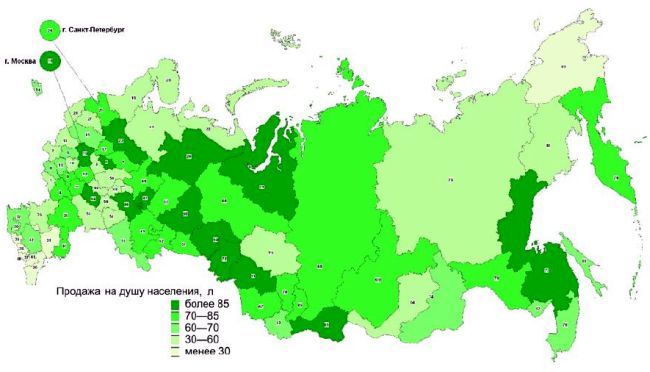 Распределение субъектов Российской Федерации по продаже пива на душу населения, л