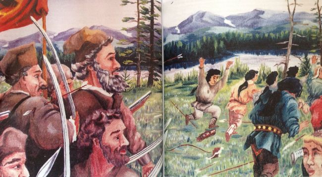 Первопроходец Иван Москвитин с казаками прогоняет эвенов. Рис. А. Овчинникова./ Нажмите, чтобы УВЕЛИЧИТЬ (нажмите, чтобы увеличить)