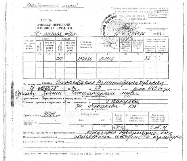 Акт приемки-передачи основных средств - литмузея на баланс краевого музея от 18 января 1993 года (нажмите, чтобы увеличить)