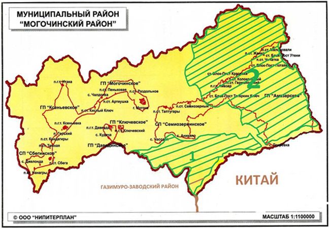 Зеленым заштрихованы участки общей площадью 928 122 га, которые китайцы арендовали на 49 лет под строительство Амазарского ЦБК в Могочинском районе Забайкальского края
