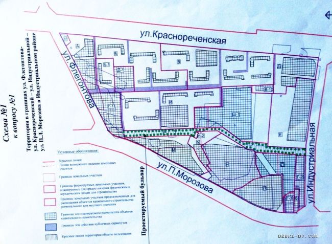 План нового бульвара Москвитина в Хабаровске (обозначен кружками) (нажмите, чтобы увеличить)