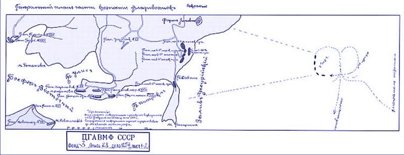 Официальная российская схема обстрела Владивостока японскими крейсерами. Показаны батареи, существовавшие до бомбардировки, и временные батареи, построенные после бомбардировки к апрелю 1904 года. Из фондов РГА ВМФ