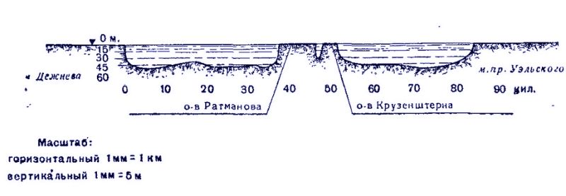 Ширина Берингова пролива в наиболее узкой части 74 км, максимальная глубина 59 м