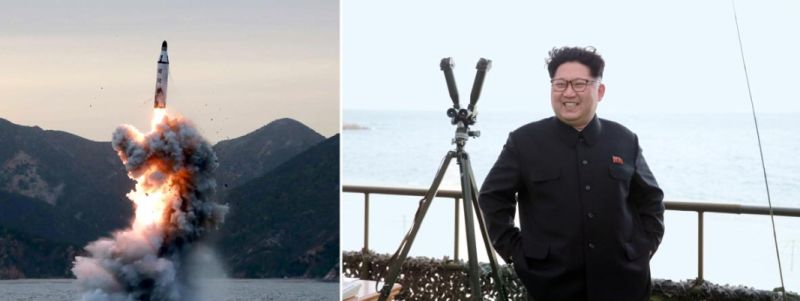 Ким Чен Ын руководит на месте испытательным запуском БР с подводной позиции стратегической субмарины. Апрель 2016 г.