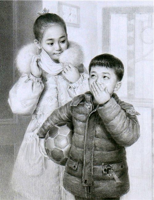 «Давайте соблюдать чрезвычайные противоэпидемические меры». Карандашный рисунок (Чжон Кан Чжин, 16 лет)