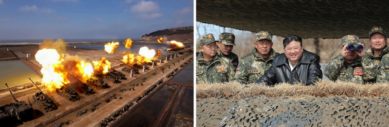 Уважаемый товарищ Ким Чен Ын руководит учениями крупных соединений КНА по артобстрелу. Март 2024 года.