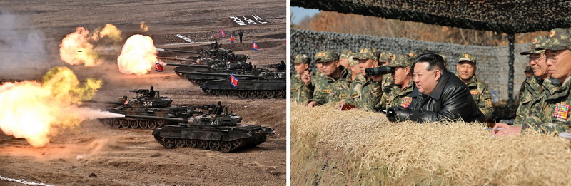 Уважаемый товарищ Ким Чен Ын руководит соревнованиями между крупными танковыми соединениями КНА. Март 2024 года.