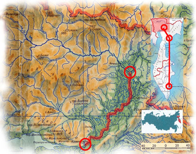 Схема маршрута экспедиции на р. Пенжина в октябре 2010 г.