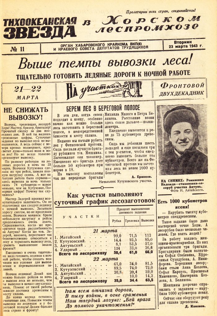 «Тихоокеанская звезда» в Хорском леспромхозе, №11, 23.03.1943 г./ Нажмите, чтобы УВЕЛИЧИТЬ стр.1 (нажмите, чтобы увеличить)