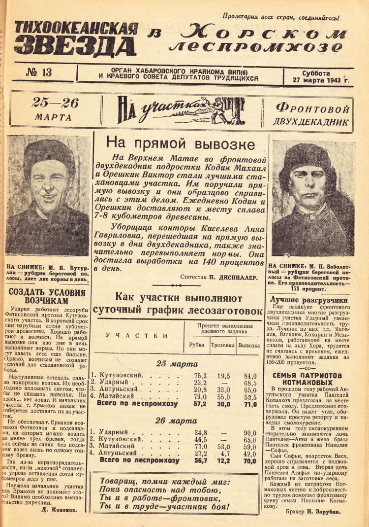 «Тихоокеанская звезда» в Хорском леспромхозе, №13, 27.03.1943 г./ Нажмите, чтобы УВЕЛИЧИТЬ стр.1 (нажмите, чтобы увеличить)